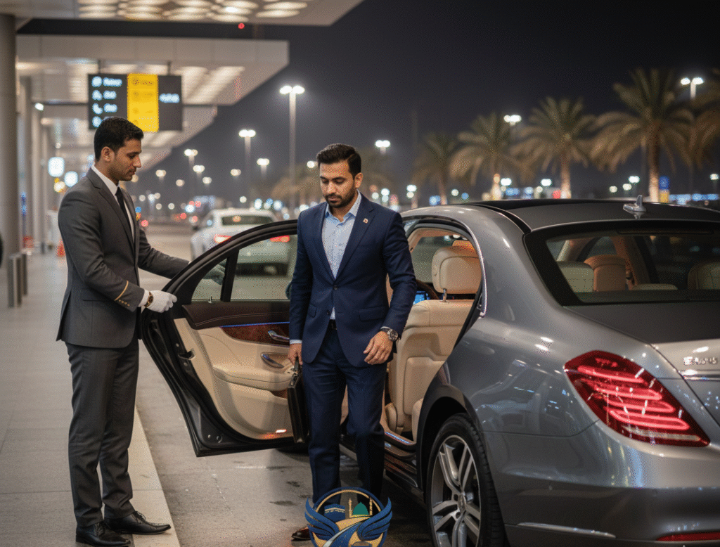 Affordable Airport pickup deals chauffeur opening door for business traveller